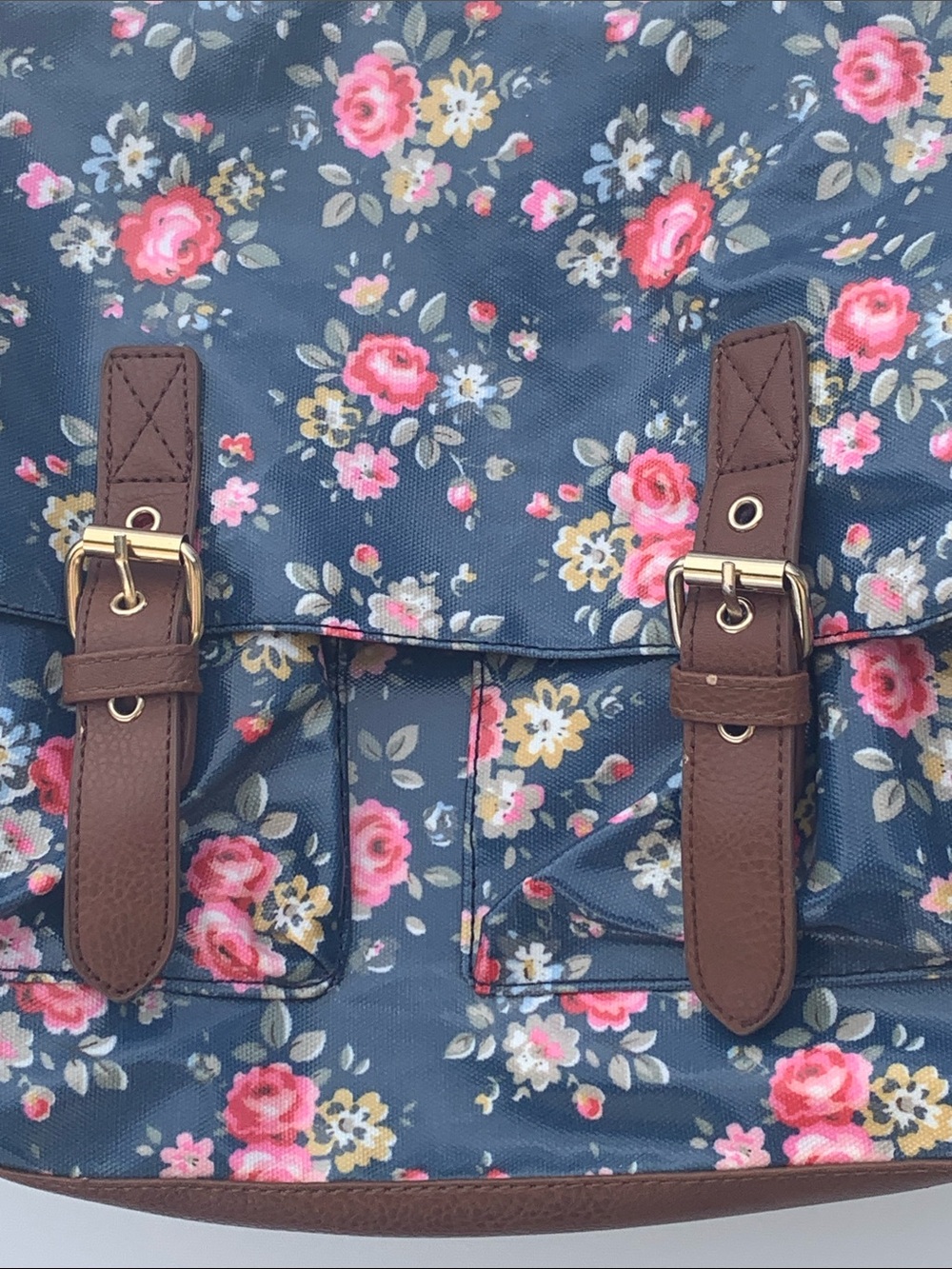 Floral coated canvas Navy Crossbody Satchel with Brown Trim kenox